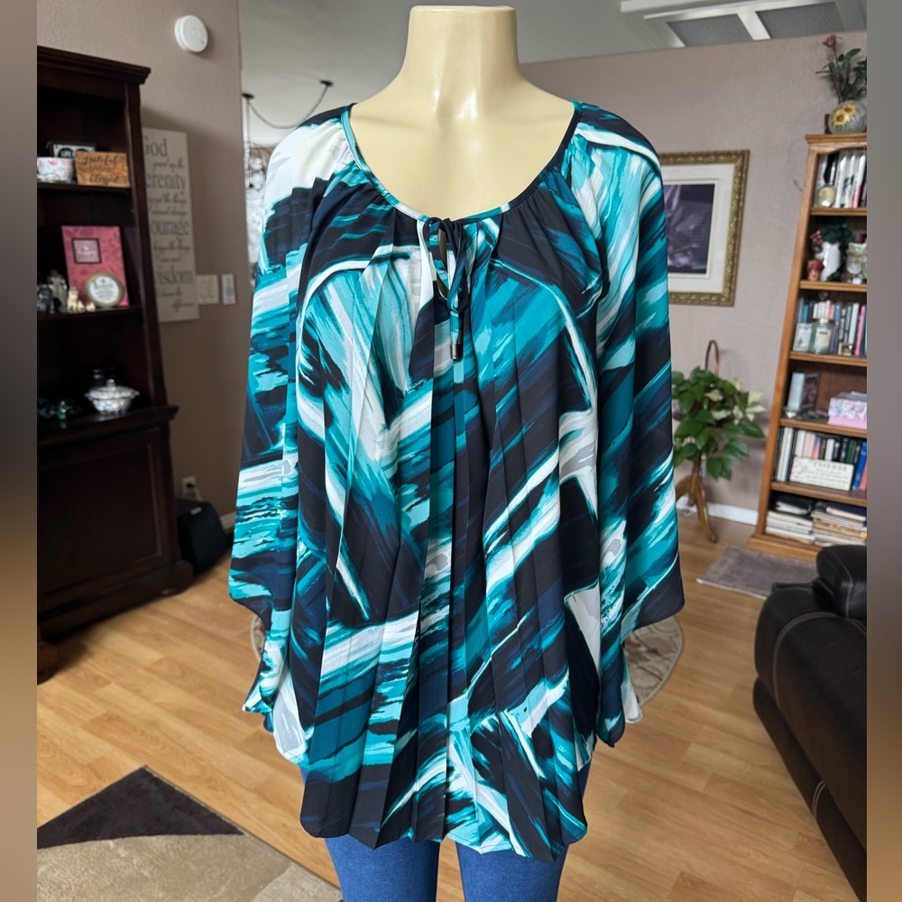 Alfani green, blue & black long scarflike sleeves blouse-size 12
